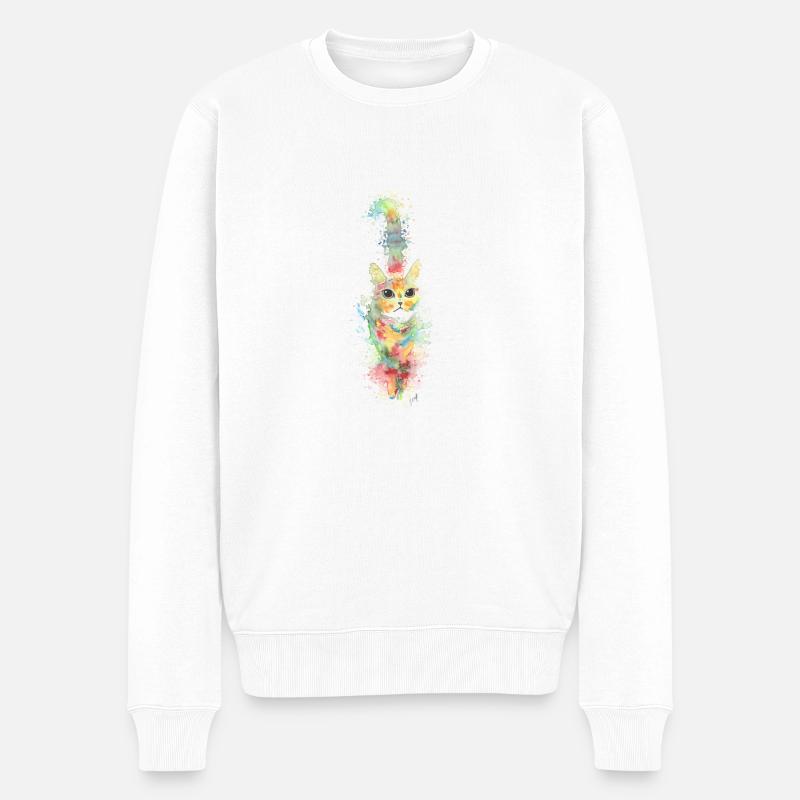 Bunte Aquarellkatze - Männer Premium Bio Pullover - Weiß