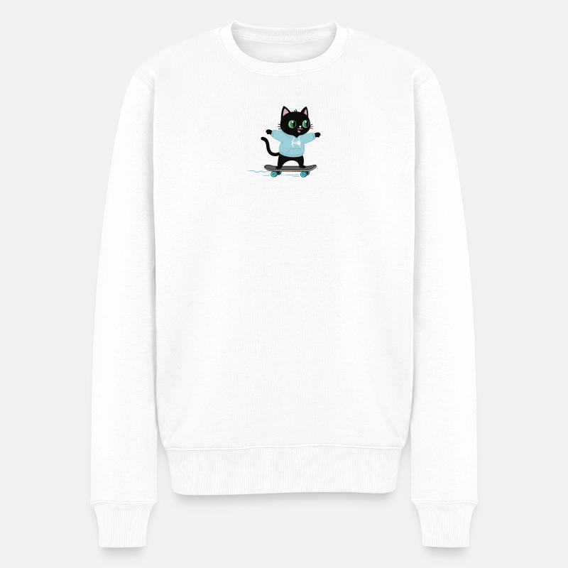 Chat skateboard en sweat à capuche. Miaou, j’arrive. - Pull Premium bio Homme - blanc