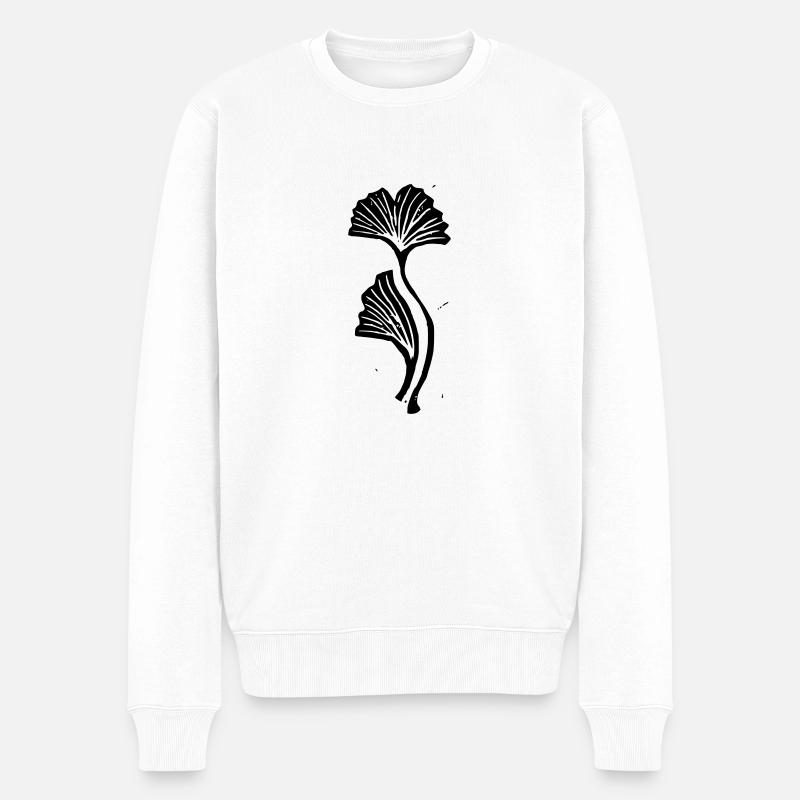 Schwarz-weißer Linoldruck Gingkoblatt - Männer Premium Bio Pullover - Weiß