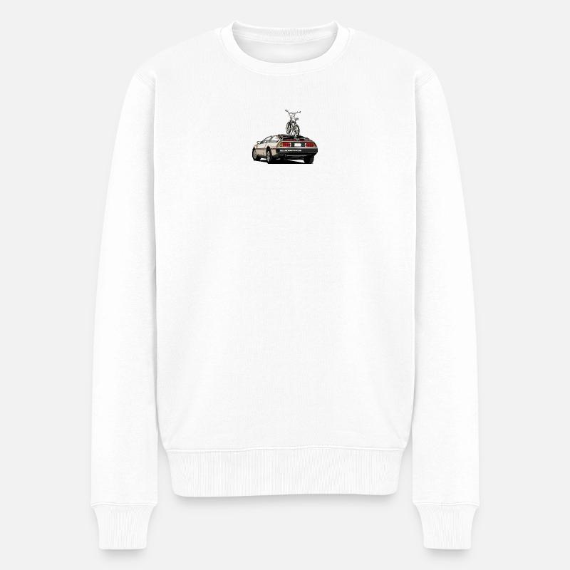 Delorean mit Oldschool 80er Jahre BMX auf dem Heck - Männer Premium Bio Pullover - Weiß