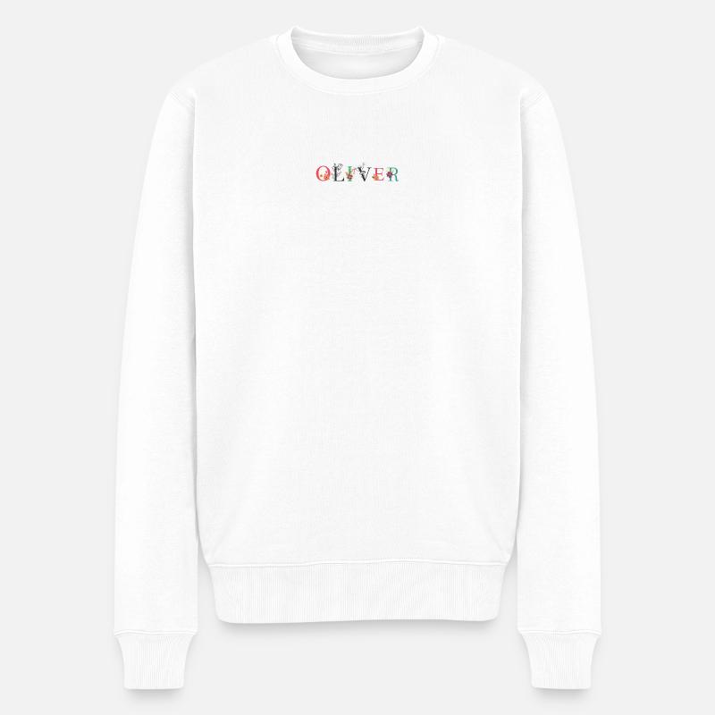 OLIVER Namenskunst mit gestickten Blumen - Männer Premium Bio Pullover - Weiß