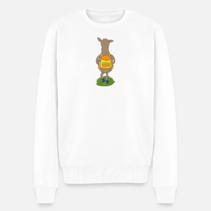 Lama mit buntem Rucksack - Männer Premium Bio Pullover - Weiß