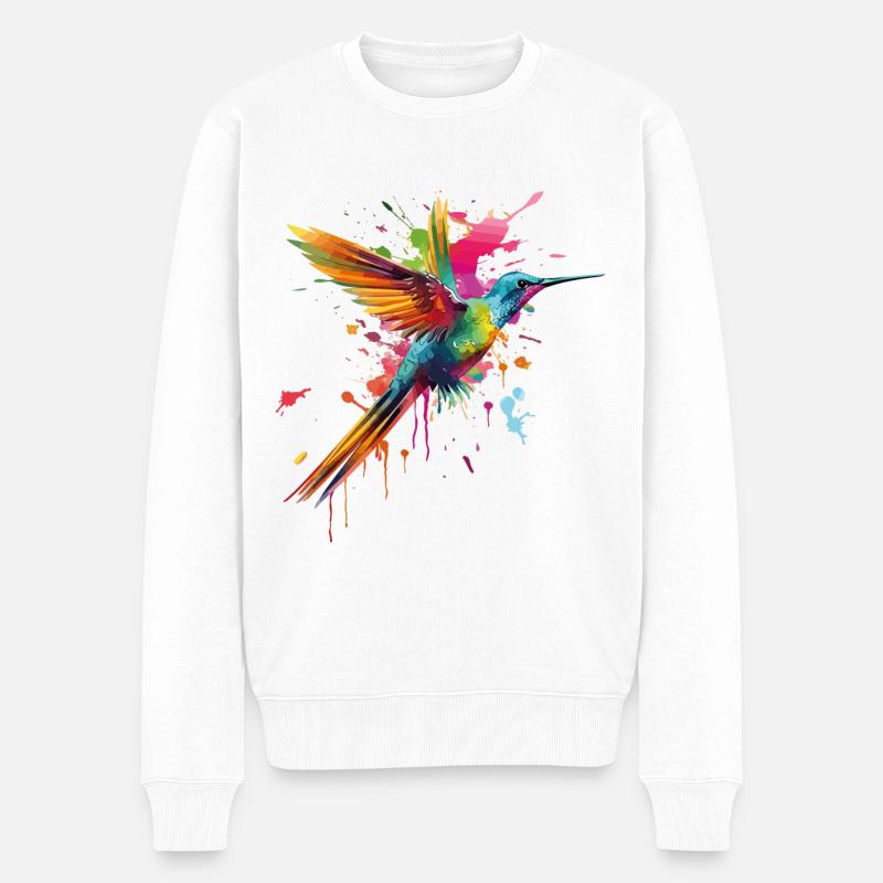 Kolibri Vogel Tier Kunst Aquarell Splash Bunt - Männer Premium Bio Pullover - Weiß