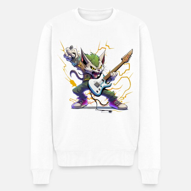 Cartoon-Katze als Gitarrist - Männer Premium Bio Pullover - Weiß