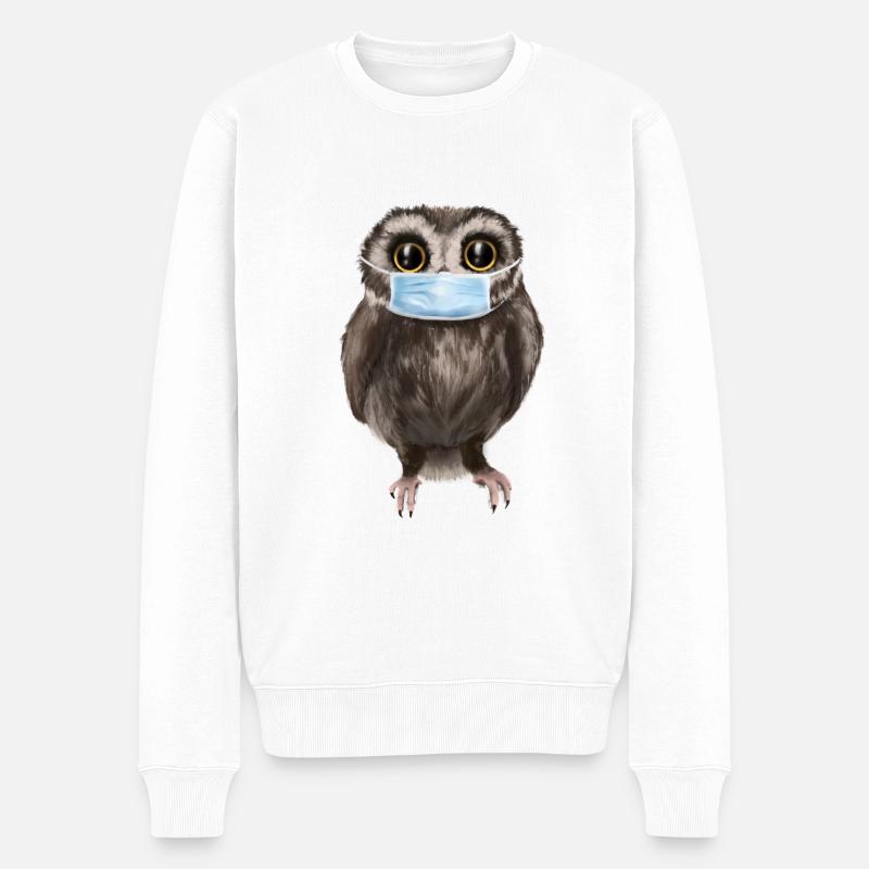 Eule mit Mund-Nasen Schutz - Männer Premium Bio Pullover - Weiß