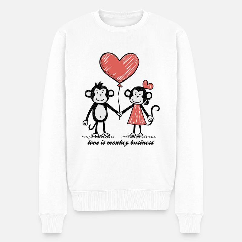 Affen Liebespaar Strichmännchen Pärchen - Männer Premium Bio Pullover - Weiß