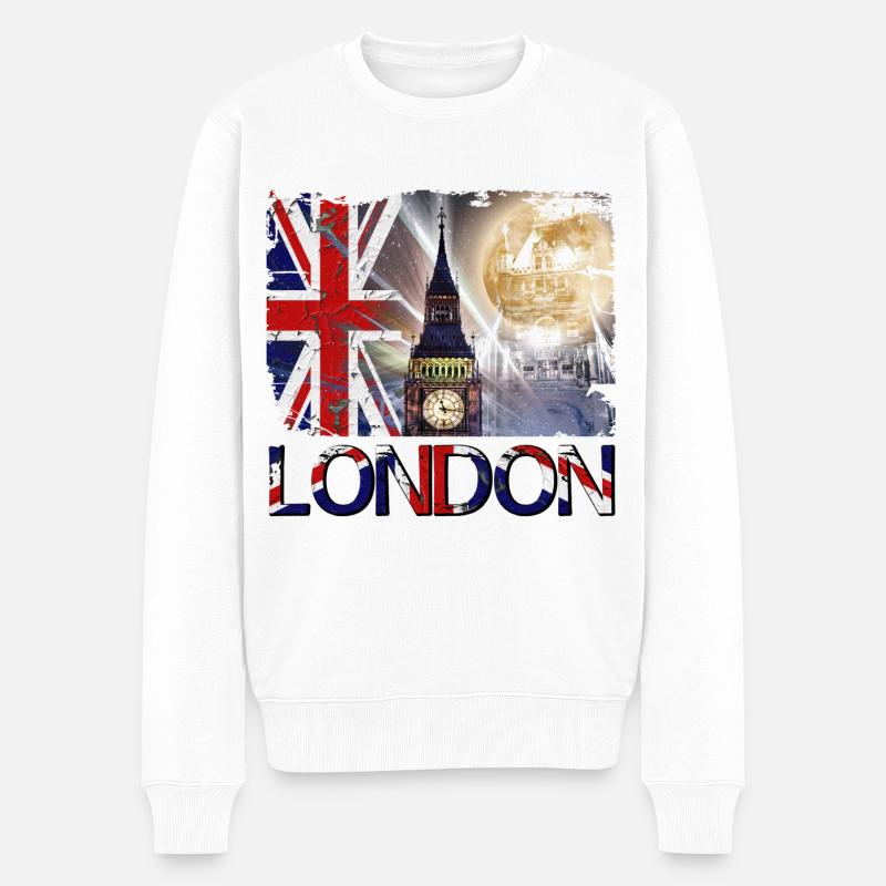 London England UK Flagge Big Ben Tower Bridge - Männer Premium Bio Pullover - Weiß