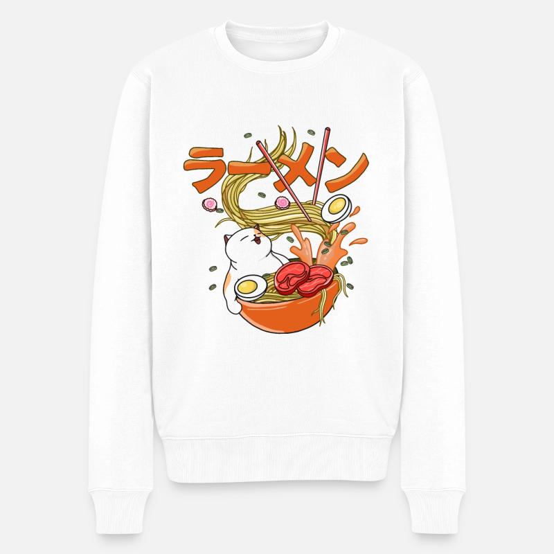 Happy Cat Ramen - Männer Premium Bio Pullover - Weiß