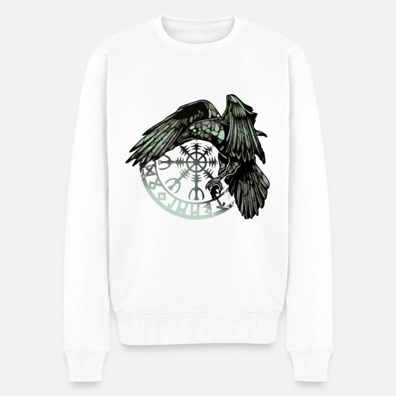 Grüne Wikingerkrähe und Runensymbol - Männer Premium Bio Pullover - Weiß