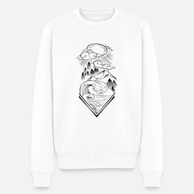 Paysage mer océan et montagnes lineart et dotwork - Pull Premium bio Homme - blanc