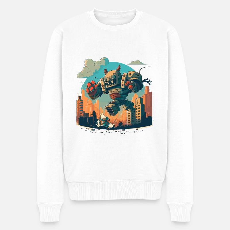 Roboter gegen Monster - Männer Premium Bio Pullover - Weiß