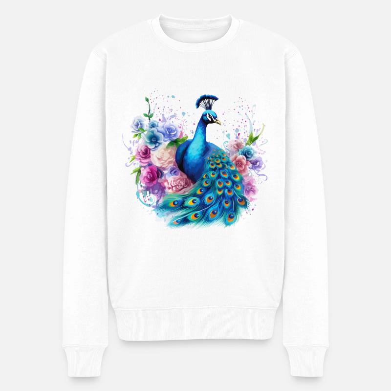 Pfau Blumen Pfauenfeder Exotisch Farbenfroh Bunt - Männer Premium Bio Pullover - Weiß