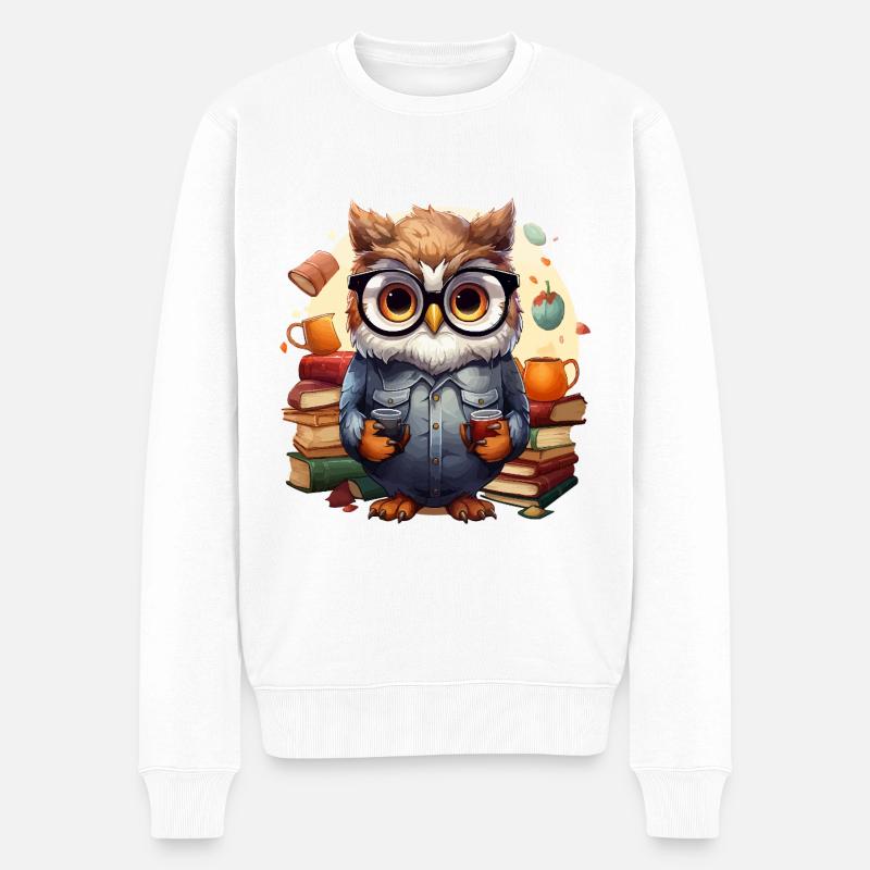 Le hibou bibliothécaire sage - Pull Premium bio Homme - blanc