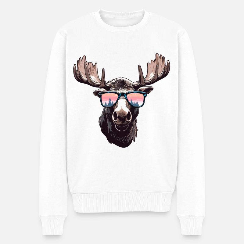 Elch mit Sonnenbrille - Männer Premium Bio Pullover - Weiß