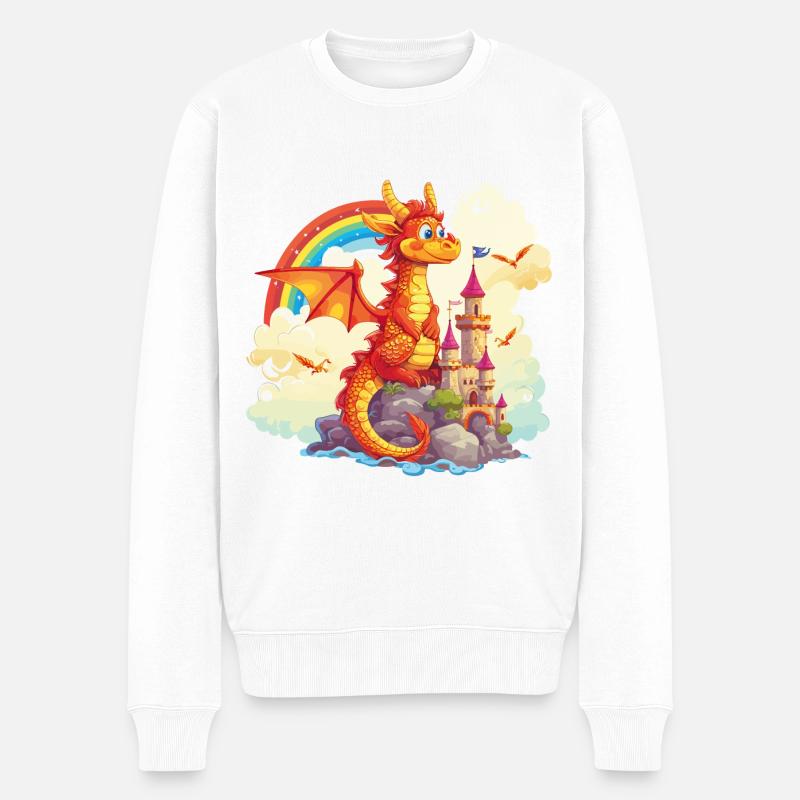 Drache Schloss Regenbogen Süß Niedlich Kindlich - Männer Premium Bio Pullover - Weiß