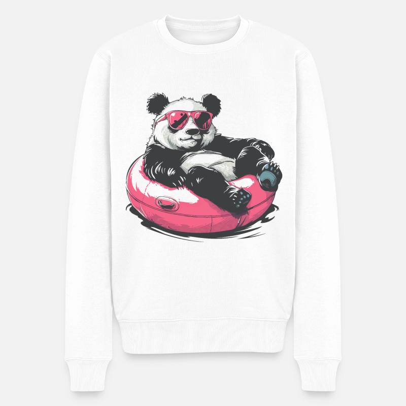 Panda mit Sonnenbrille im pinken Schwimmreifen - Männer Premium Bio Pullover - Weiß