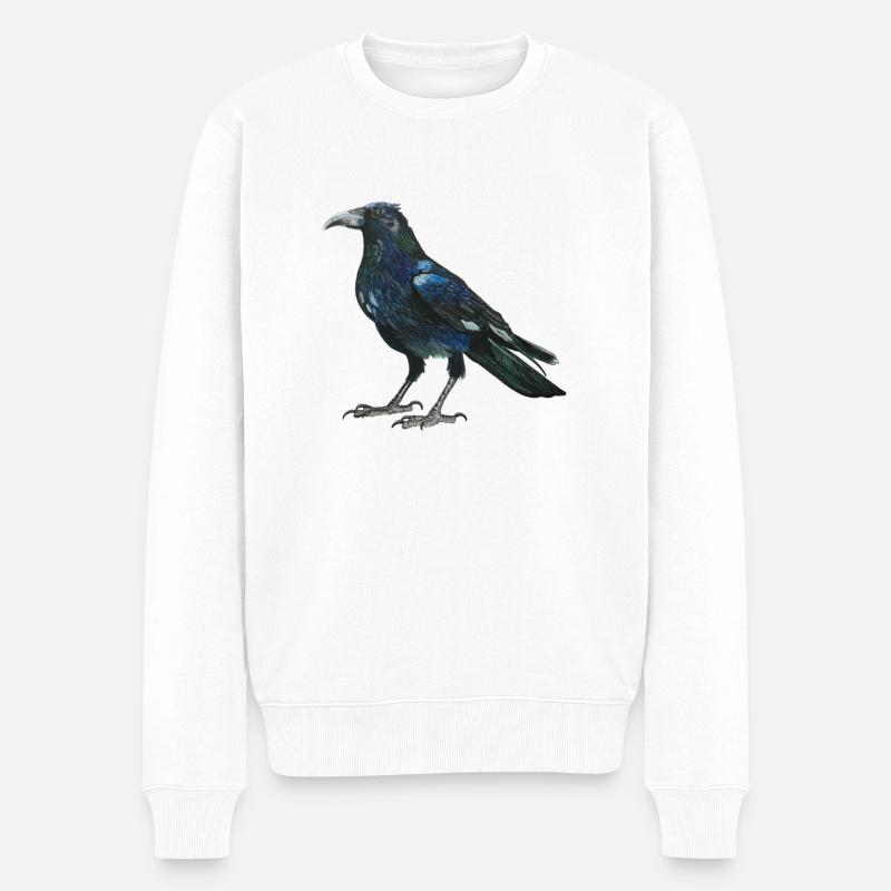 Rabe Krähe mit leicht bläulich grünen Federn - Männer Premium Bio Pullover - Weiß