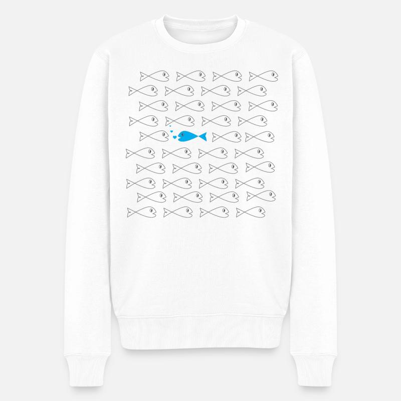 Gegen den Strom - blauer Fisch in grauem Schwarm  - Männer Premium Bio Pullover - Weiß