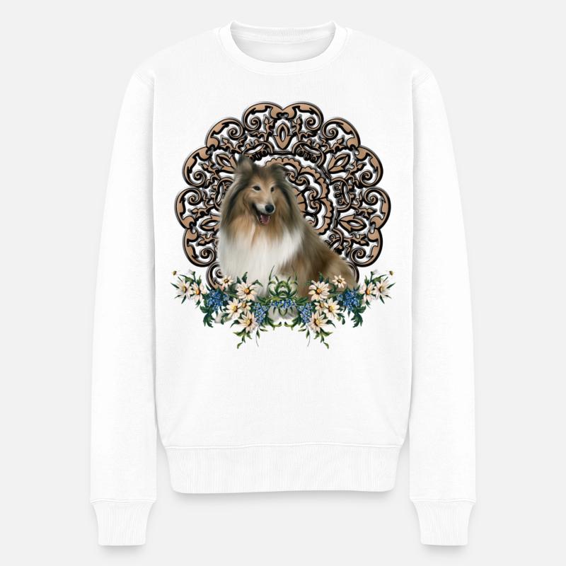 Netter Collie mit Blumen - Männer Premium Bio Pullover - Weiß