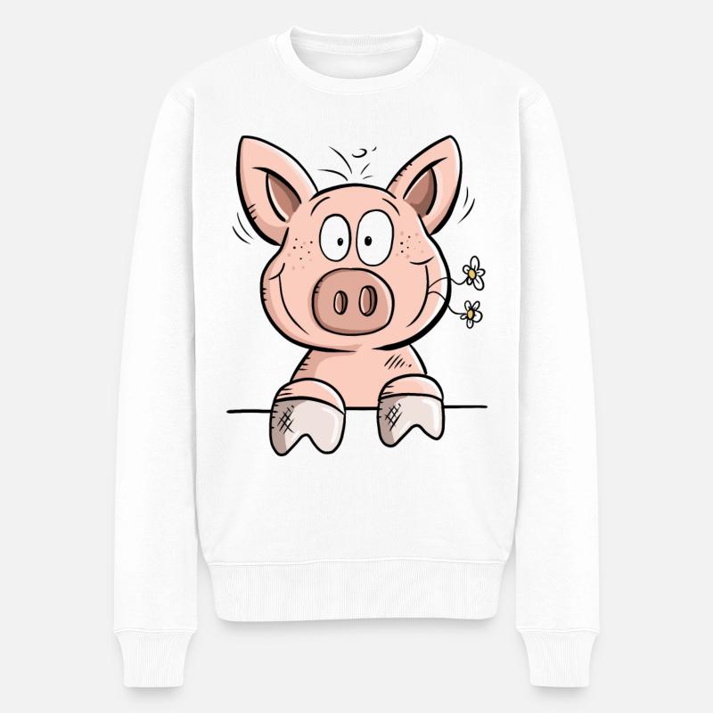 Happy Schweinchen mit Blümchen I Tiermotiv Comic - Männer Premium Bio Pullover - Weiß
