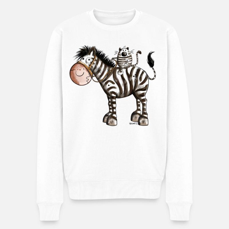 Zebra mit Katze - Männer Premium Bio Pullover - Weiß