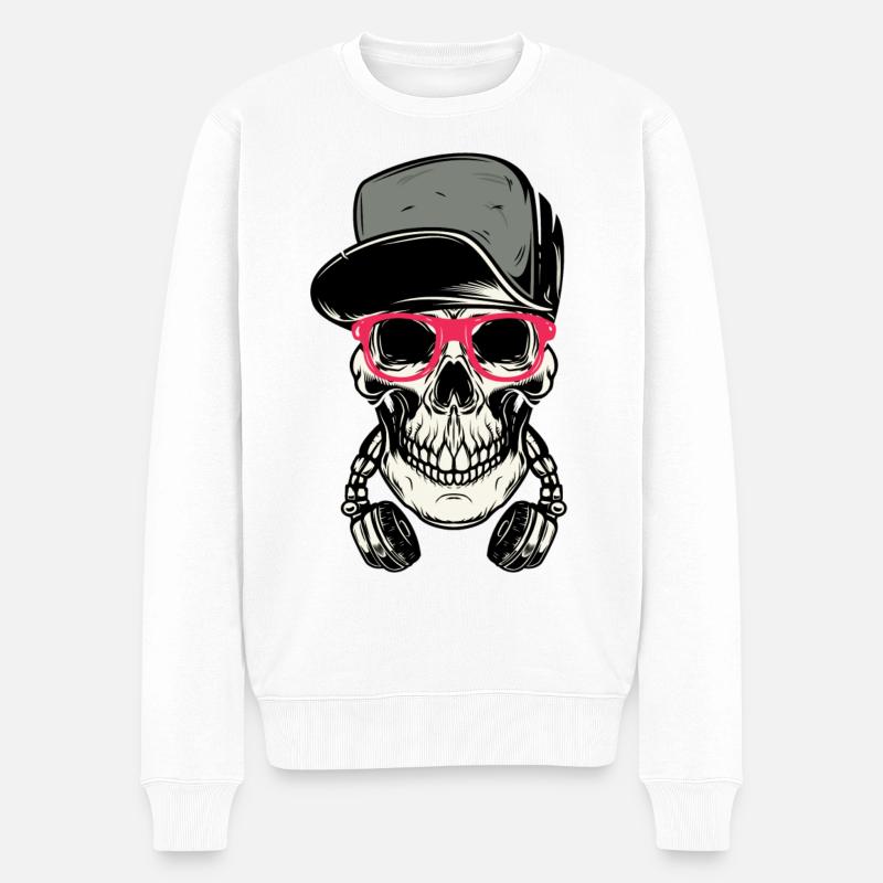 DJ Totenkopf mit Kopfhörer - Männer Premium Bio Pullover - Weiß