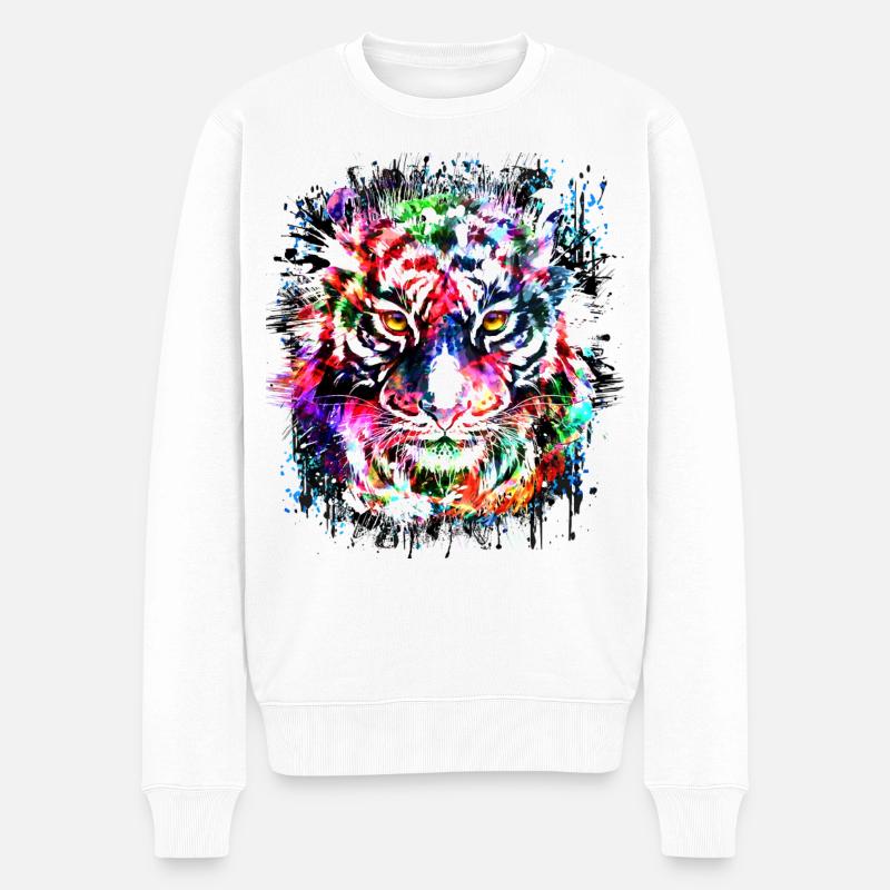 Tiger - Bunter Tigerkopf - Tigerkatze - Männer Premium Bio Pullover - Weiß