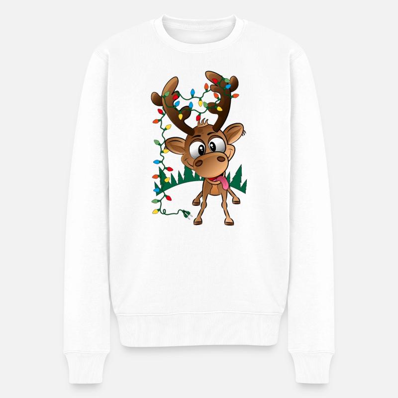 Weihnachtsrentier Rudolph mit LED-Leuchten - Männer Premium Bio Pullover - Weiß