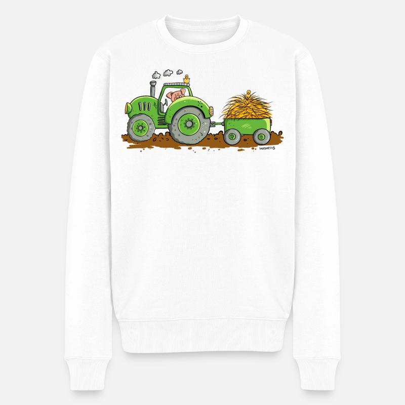 Schwein Fährt Traktor Mit Anhänger Bauernhof - Männer Premium Bio Pullover - Weiß