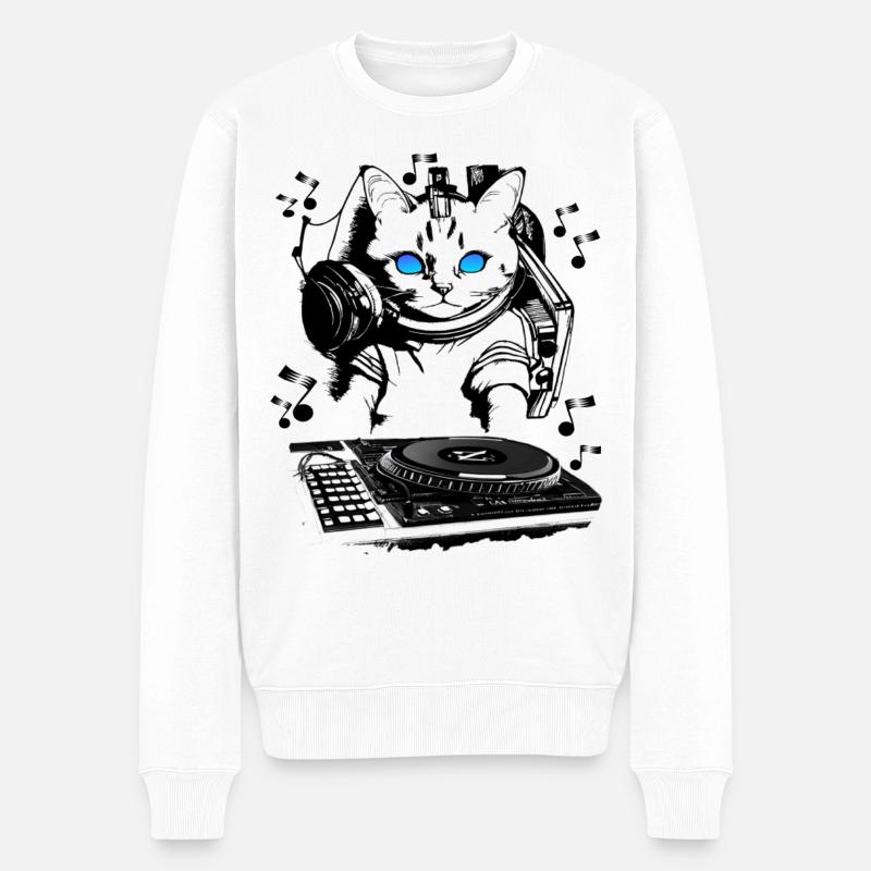 Katzen DJ mit Mischpult - Männer Premium Bio Pullover - Weiß