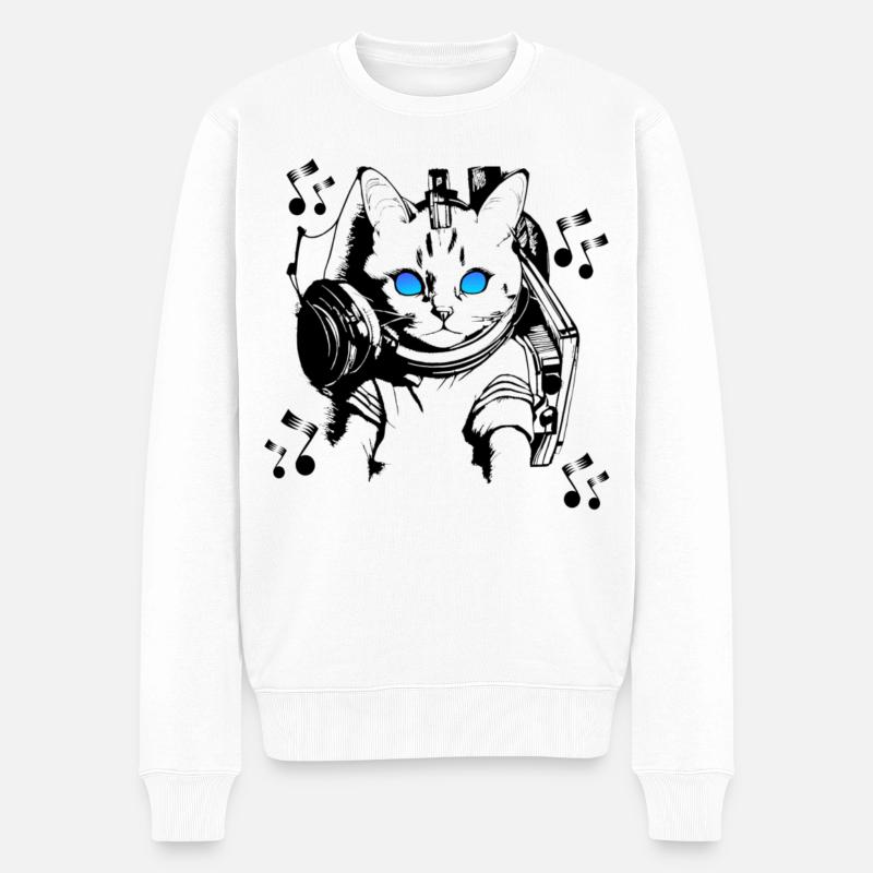 DJ Katze mit Kopfhörern - Männer Premium Bio Pullover - Weiß