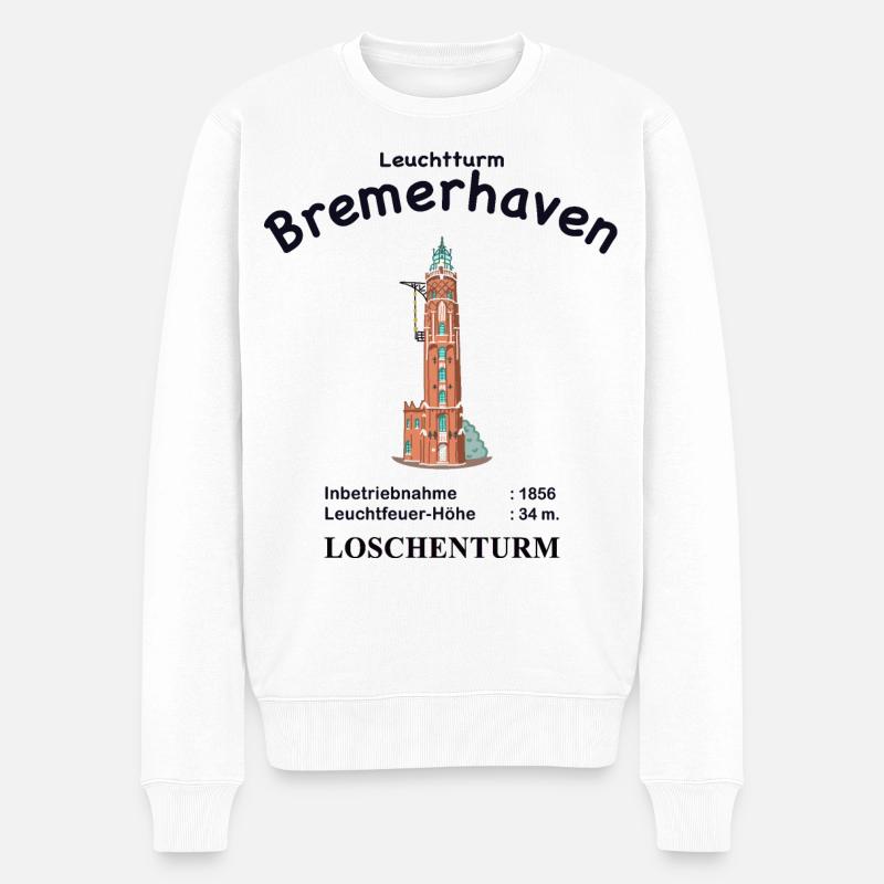 Bremerhaven, Wahrzeichen Loschenturm, Info - Männer Premium Bio Pullover - Weiß