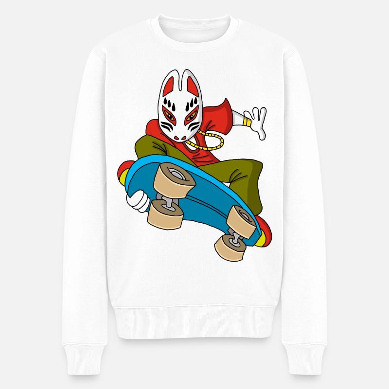 Renard kitsune en skateboard - Pull Premium bio Homme - blanc