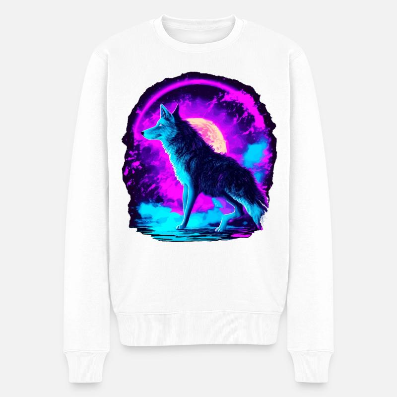Wolf Neon Illustration Synthwave Art - Pull Premium bio Homme - blanc