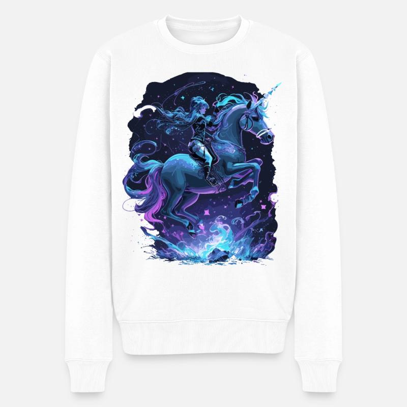 Mystisches Einhorn mit Reiterin - Männer Premium Bio Pullover - Weiß