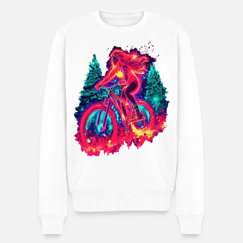 Synthwave Mountainbike Mädchen Waldfahrt - Männer Premium Bio Pullover - Weiß