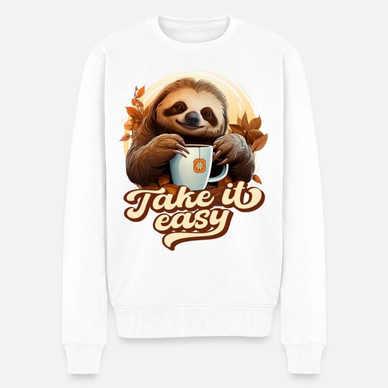 Süßes Faultier Trinkt Tee, Take It Easy, Spruch - Männer Premium Bio Pullover - Weiß