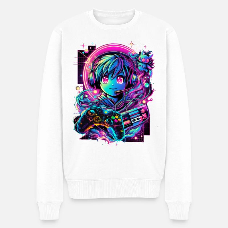 Gamer Controller Anime Synthwave Art - Männer Premium Bio Pullover - Weiß