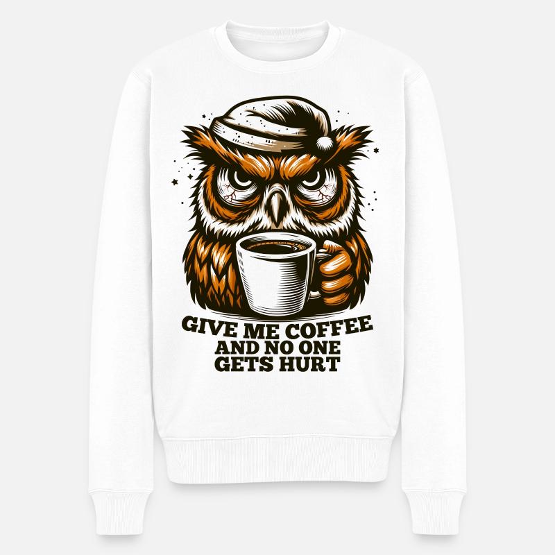 Eule Kaffee müde Geschenk - Männer Premium Bio Pullover - Weiß