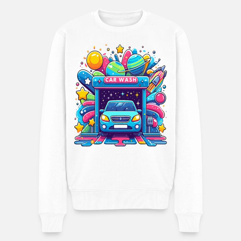 Kosmisches Auto Wasch Abenteuer - Männer Premium Bio Pullover - Weiß