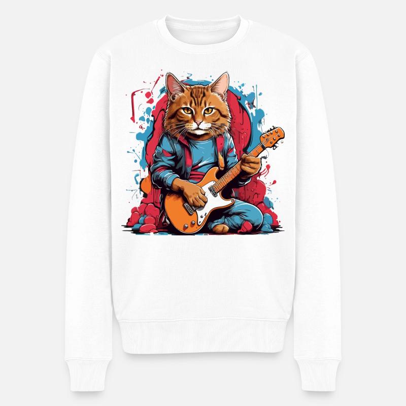 Katze mit Gitarre - Männer Premium Bio Pullover - Weiß