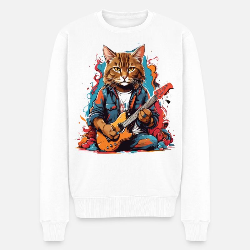 Katze mit Gitarre - Männer Premium Bio Pullover - Weiß