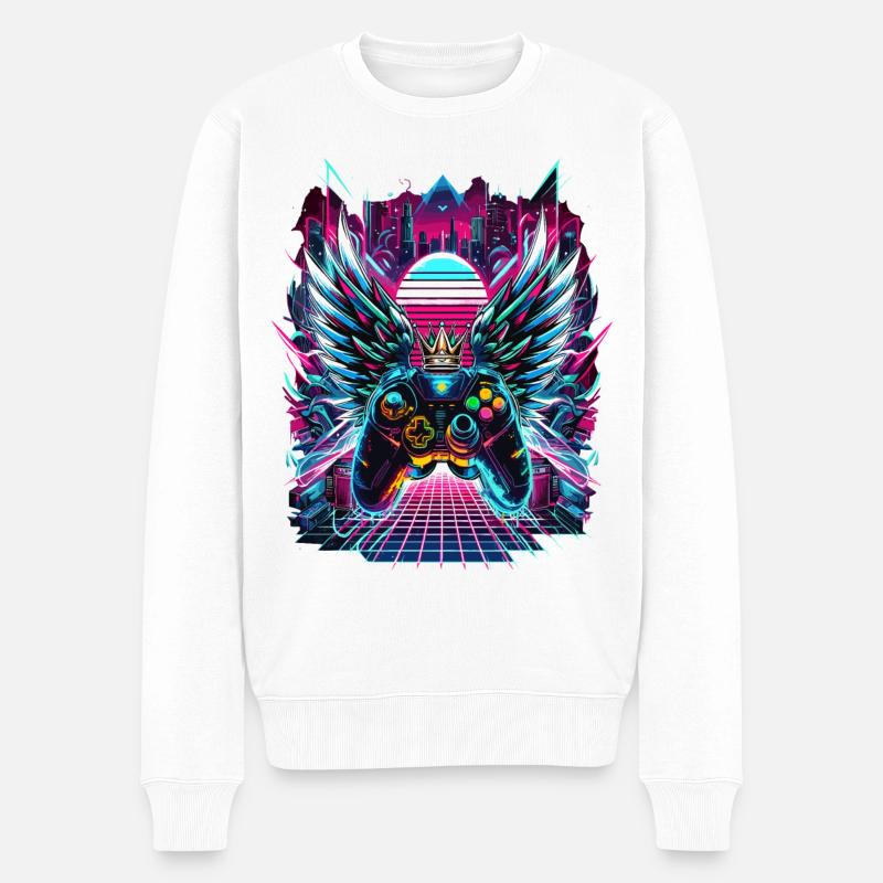 Synthwave Sunset Gamer Controller - Männer Premium Bio Pullover - Weiß