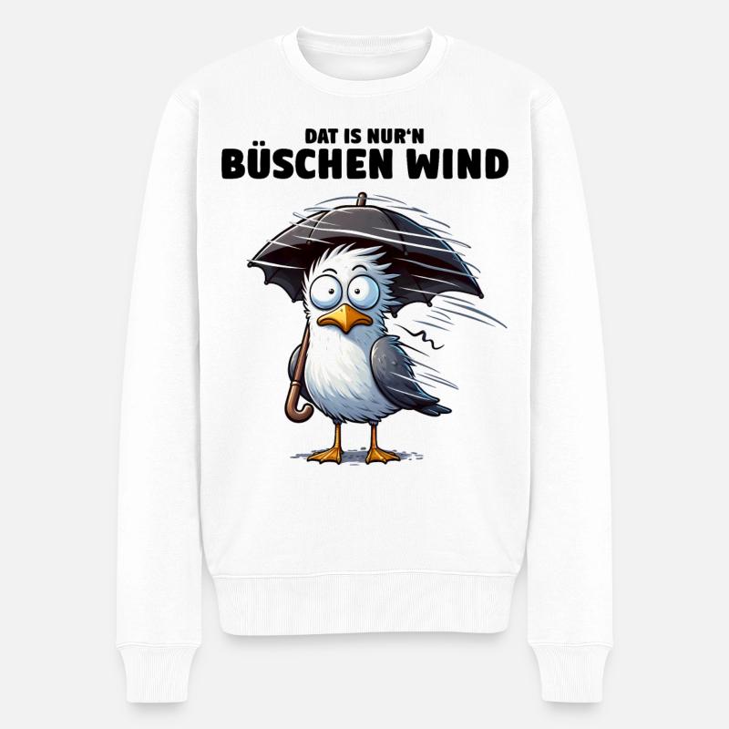 Möwe Sturm Schietwetter, Dat is nur'n büschen Wind - Männer Premium Bio Pullover - Weiß
