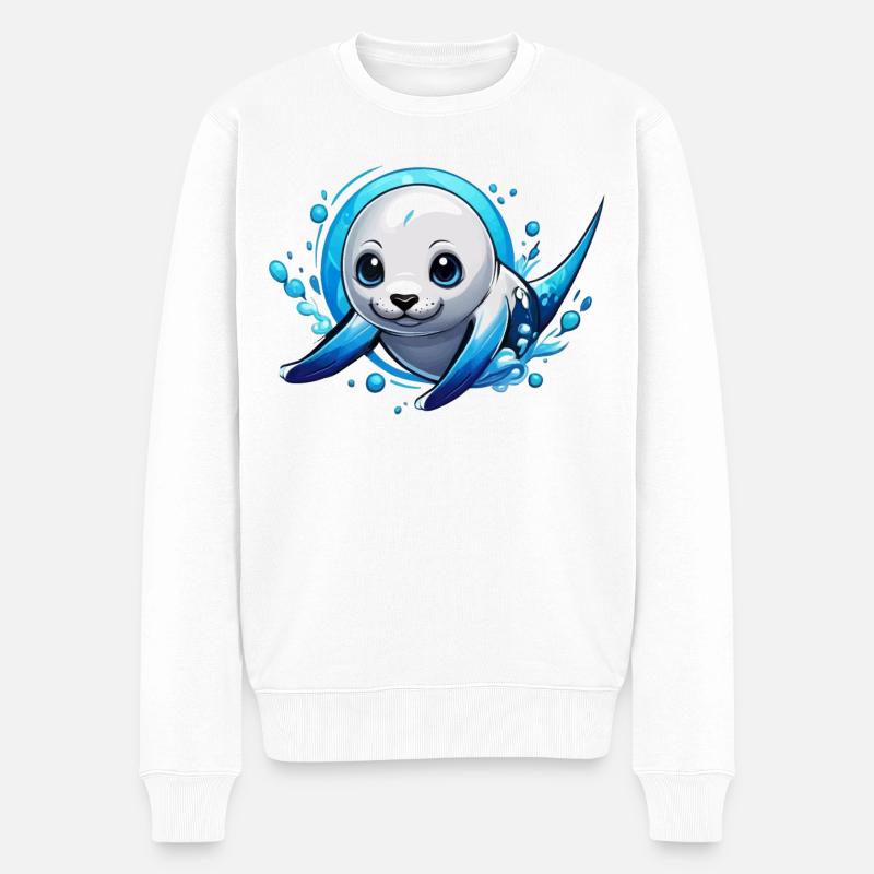 Robbe | Robbenbaby im Meer - Männer Premium Bio Pullover - Weiß