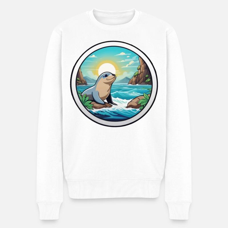 Kleine Robbe an der Küste - Männer Premium Bio Pullover - Weiß