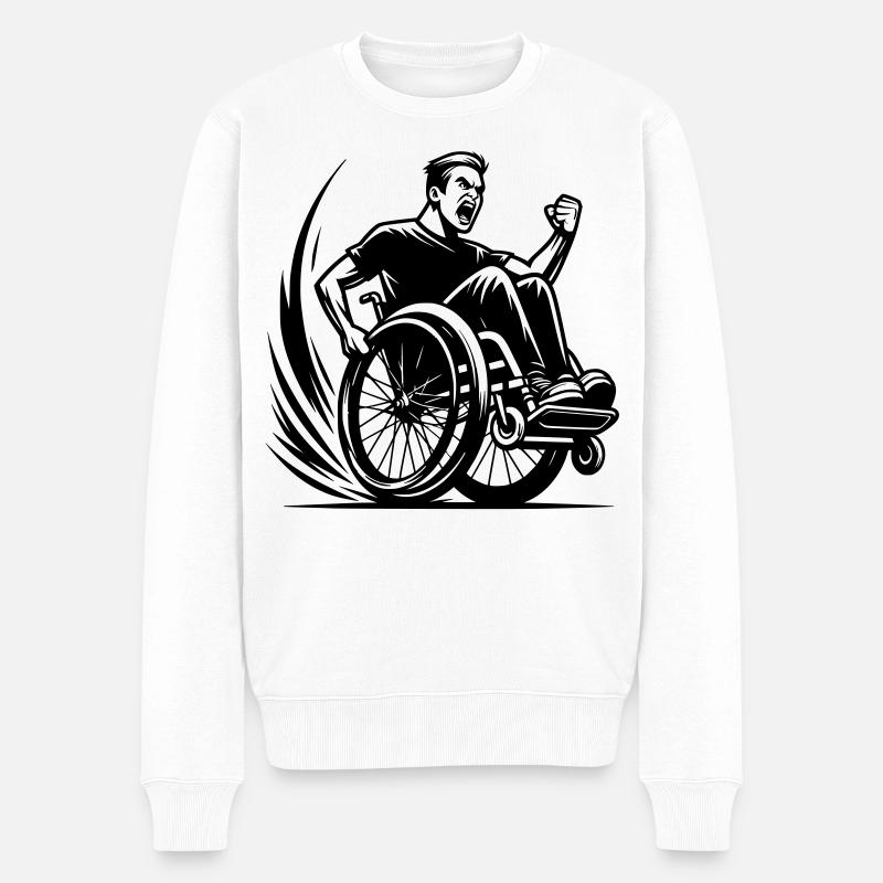 Wütender Rollstuhlfahrer macht einen Wheelie # - Männer Premium Bio Pullover - Weiß