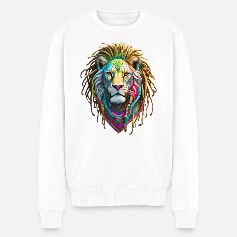 Bunte Afro Löwen und kunstvolle Dreadlocks - Männer Premium Bio Pullover - Weiß