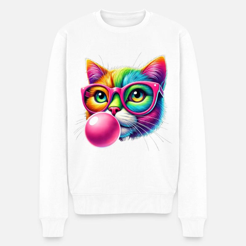 Bunte Katze mit Brille und Kaugummi-Design - Männer Premium Bio Pullover - Weiß