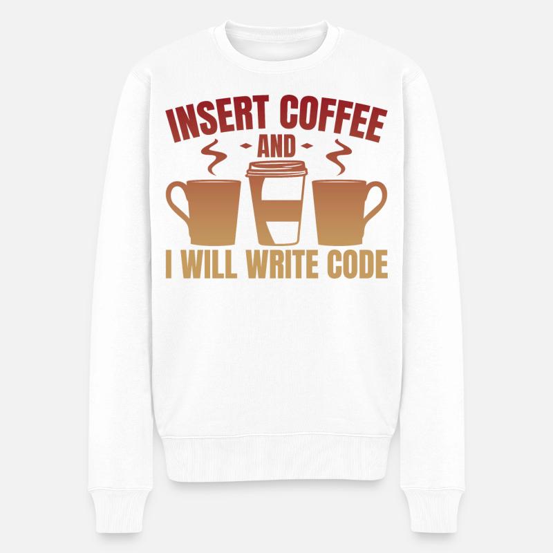 Kaffee einwerfen und Code schreiben - Männer Premium Bio Pullover - Weiß